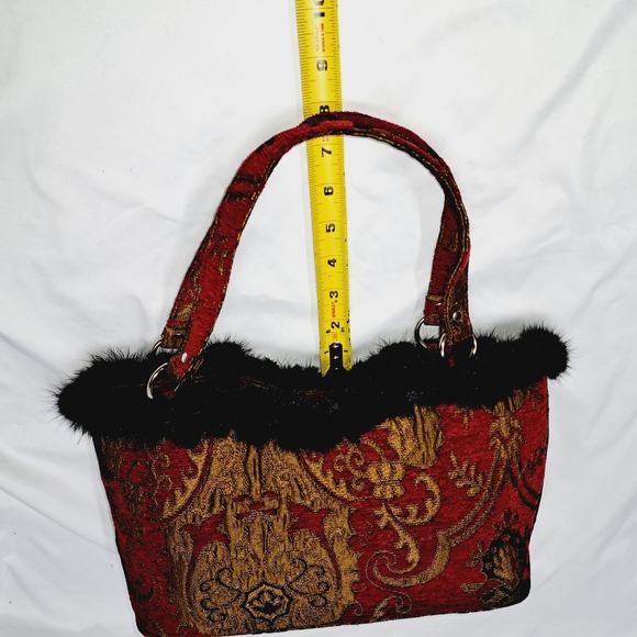 Boho Rich Red Gold Tapestry Hand Bag Rabbit Fur Pompom around top Snap closure - Picture 10 of 13